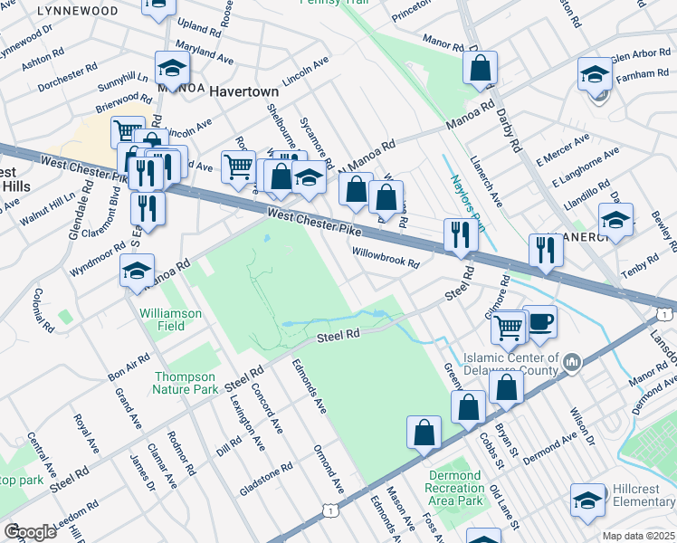 map of restaurants, bars, coffee shops, grocery stores, and more near 610 Country Club Lane in Havertown