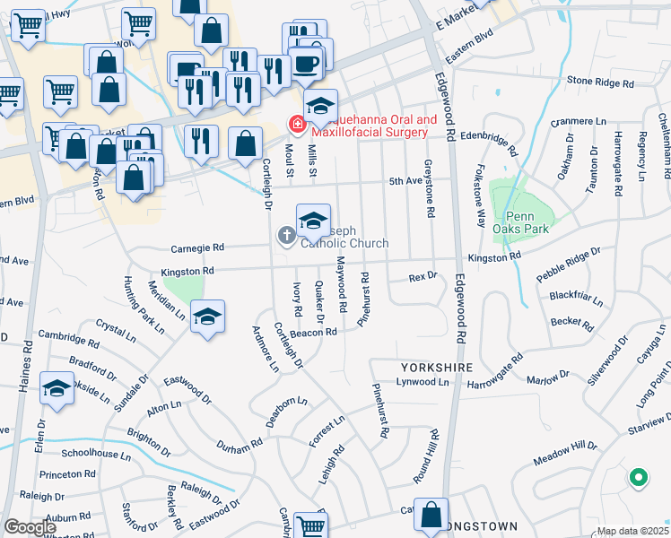 map of restaurants, bars, coffee shops, grocery stores, and more near 400 Maywood Road in York