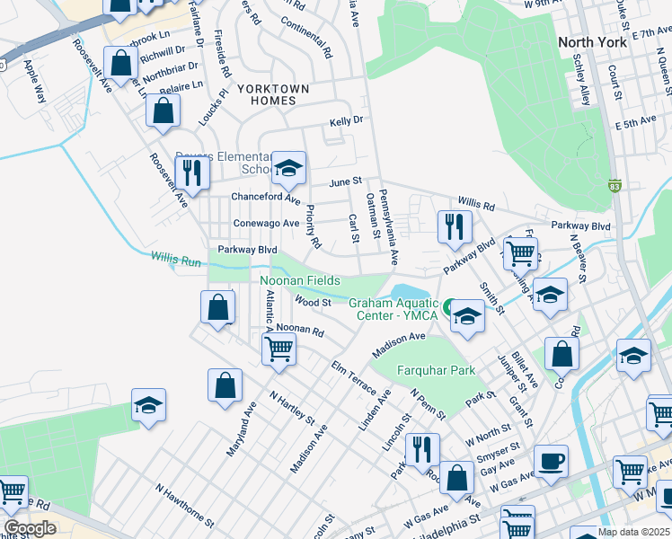 map of restaurants, bars, coffee shops, grocery stores, and more near 747 Parkway Boulevard in York