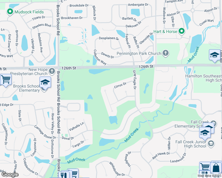 map of restaurants, bars, coffee shops, grocery stores, and more near 12998 Cirrus Drive in Fishers