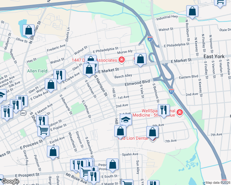 map of restaurants, bars, coffee shops, grocery stores, and more near Chestnut Hill Road in York