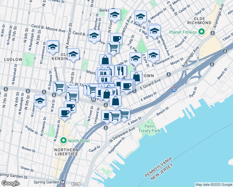 map of restaurants, bars, coffee shops, grocery stores, and more near 1216 Crease Street in Philadelphia