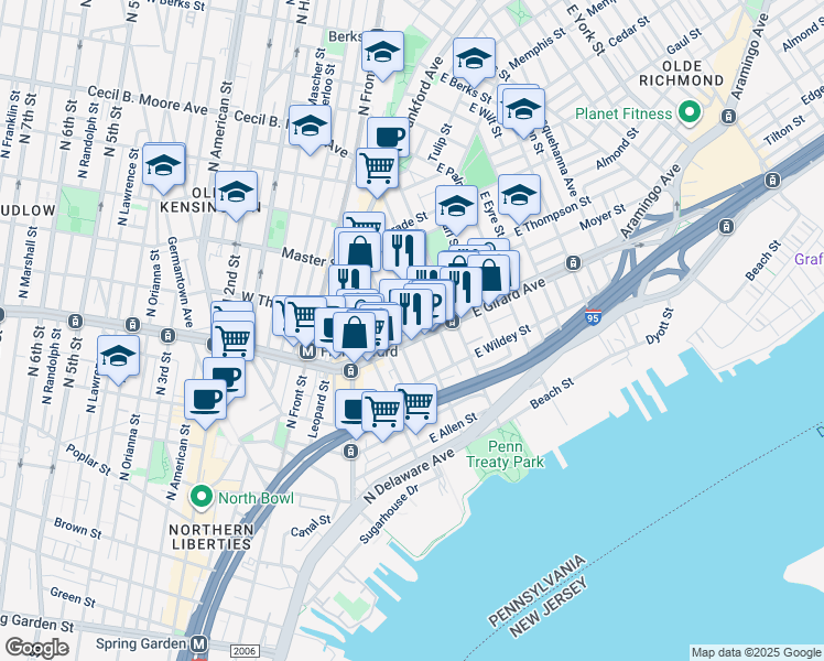 map of restaurants, bars, coffee shops, grocery stores, and more near 251 East Girard Avenue in Philadelphia