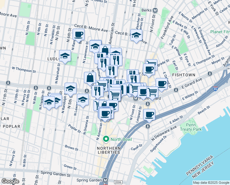 map of restaurants, bars, coffee shops, grocery stores, and more near 1228 North Palethorp Street in Philadelphia