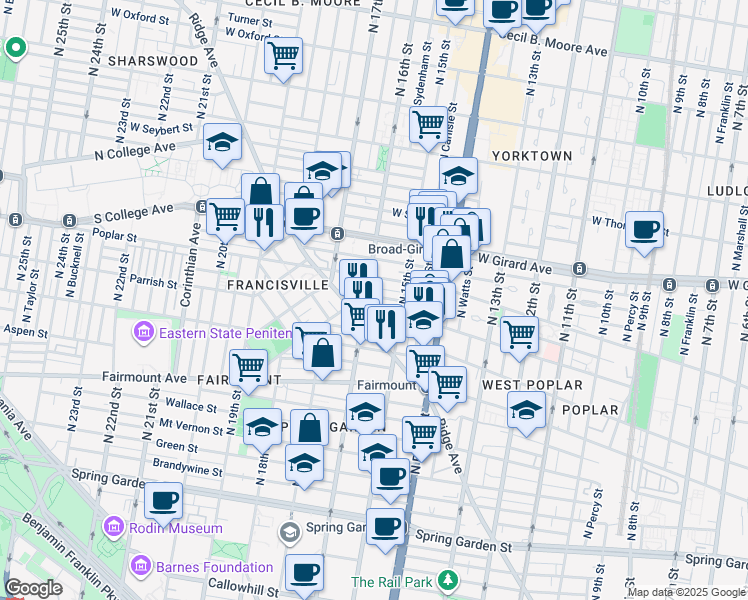 map of restaurants, bars, coffee shops, grocery stores, and more near 1542 Ogden Street in Philadelphia