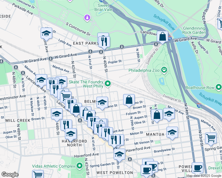 map of restaurants, bars, coffee shops, grocery stores, and more near 879 North 40th Street in Philadelphia