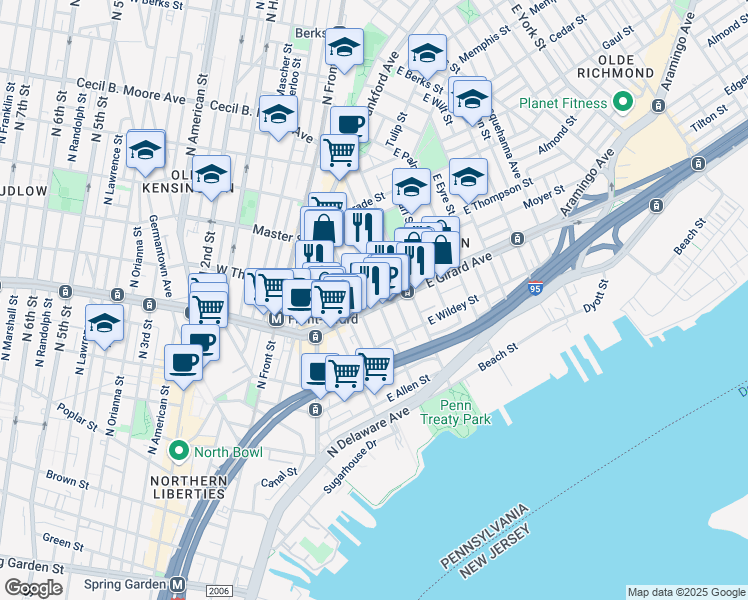 map of restaurants, bars, coffee shops, grocery stores, and more near 1223 Marlborough Street in Philadelphia