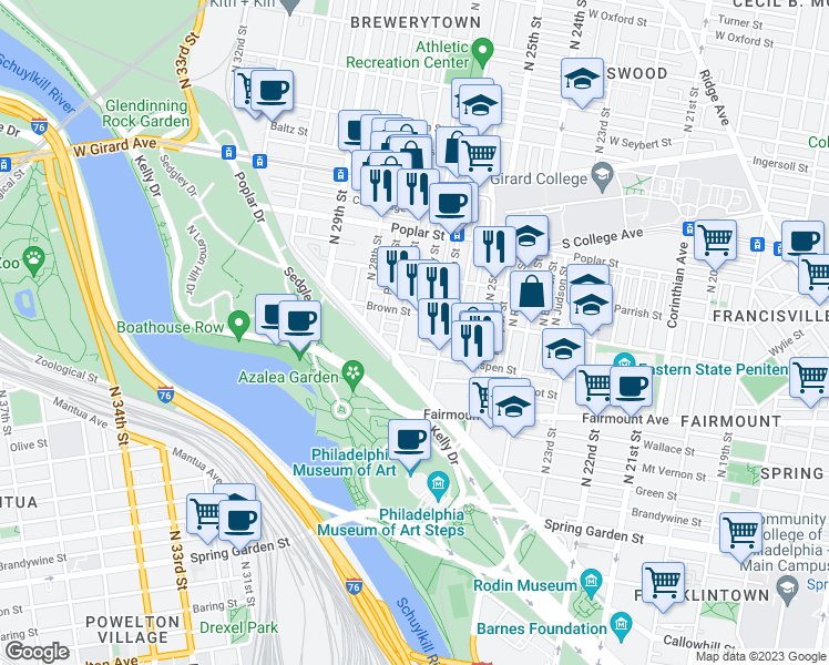 map of restaurants, bars, coffee shops, grocery stores, and more near 778 North Taney Street in Philadelphia