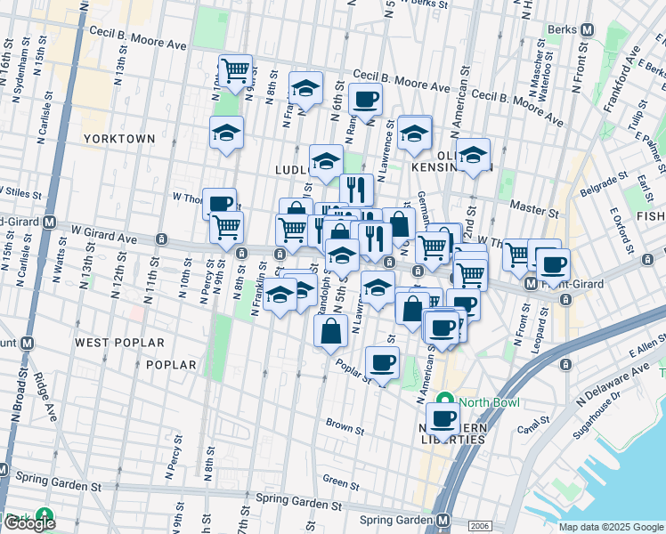 map of restaurants, bars, coffee shops, grocery stores, and more near 1019 North Randolph Street in Philadelphia