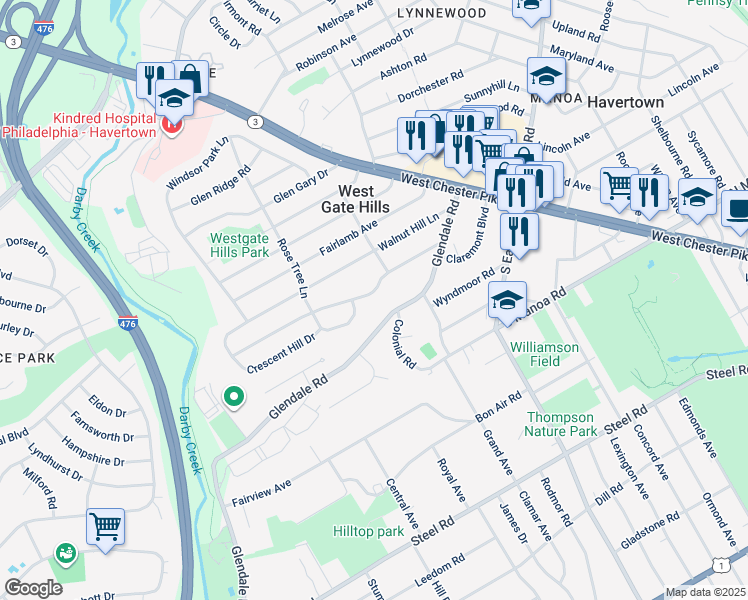 map of restaurants, bars, coffee shops, grocery stores, and more near 209 Greenbriar Lane in Havertown