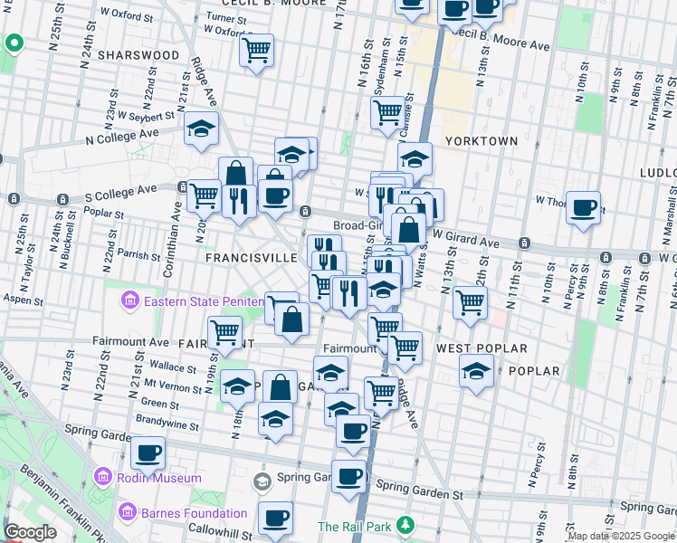 map of restaurants, bars, coffee shops, grocery stores, and more near 1542 Ogden Street in Philadelphia