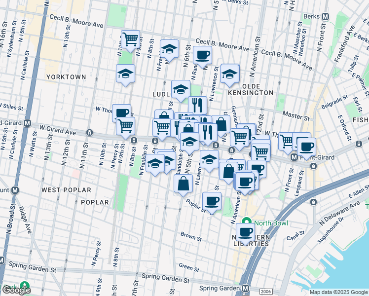 map of restaurants, bars, coffee shops, grocery stores, and more near 1019 North Randolph Street in Philadelphia