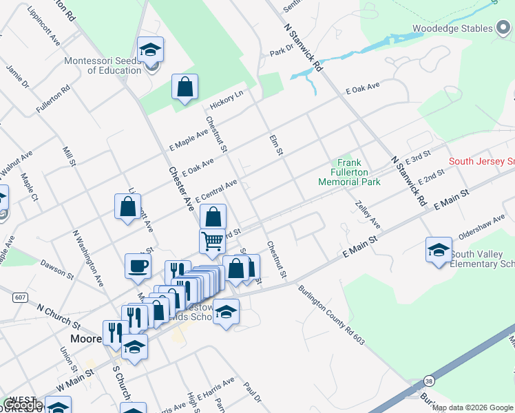 map of restaurants, bars, coffee shops, grocery stores, and more near 315 Chestnut Street in Moorestown