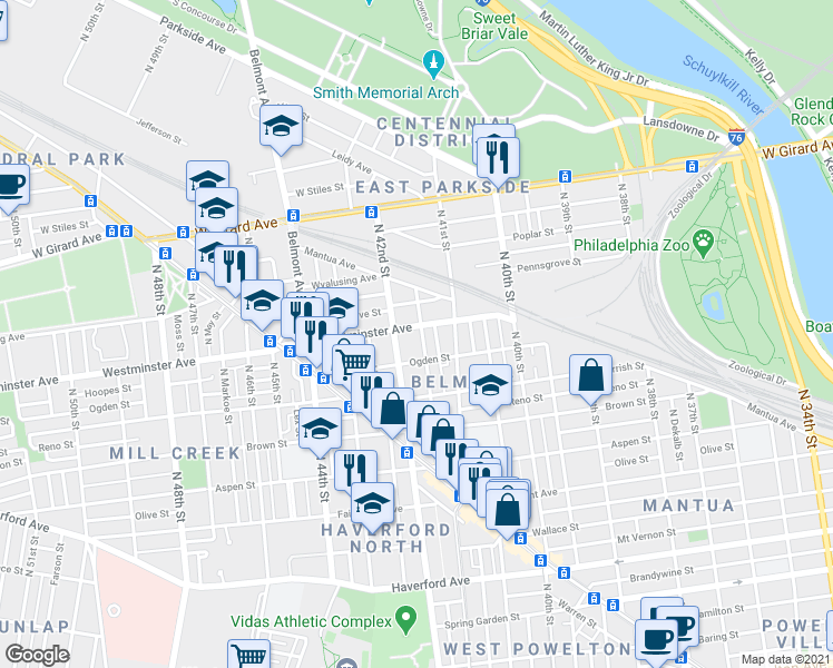 map of restaurants, bars, coffee shops, grocery stores, and more near 882 North Holly Street in Philadelphia