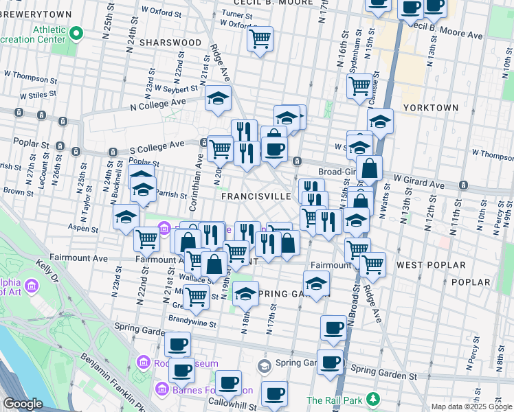 map of restaurants, bars, coffee shops, grocery stores, and more near 852 Perkiomen Street in Philadelphia