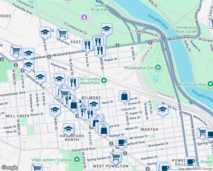 map of restaurants, bars, coffee shops, grocery stores, and more near 879 North 40th Street in Philadelphia