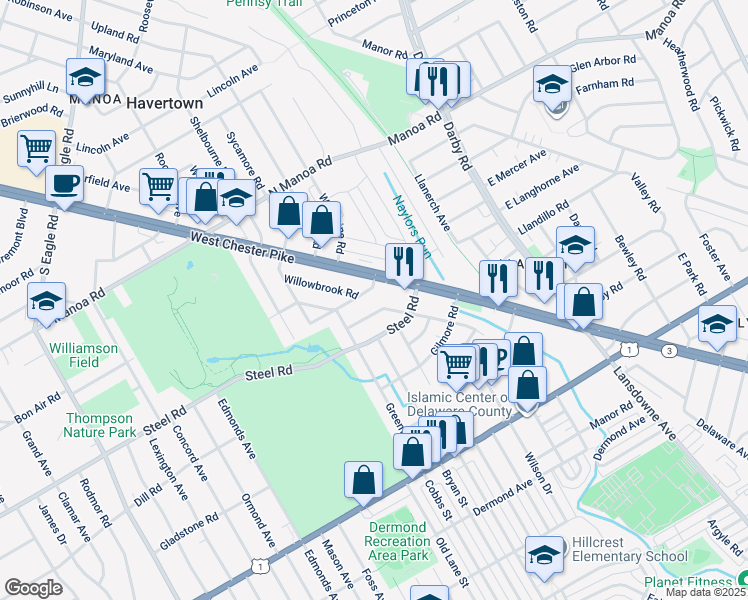 map of restaurants, bars, coffee shops, grocery stores, and more near 459 Olympic Avenue in Havertown