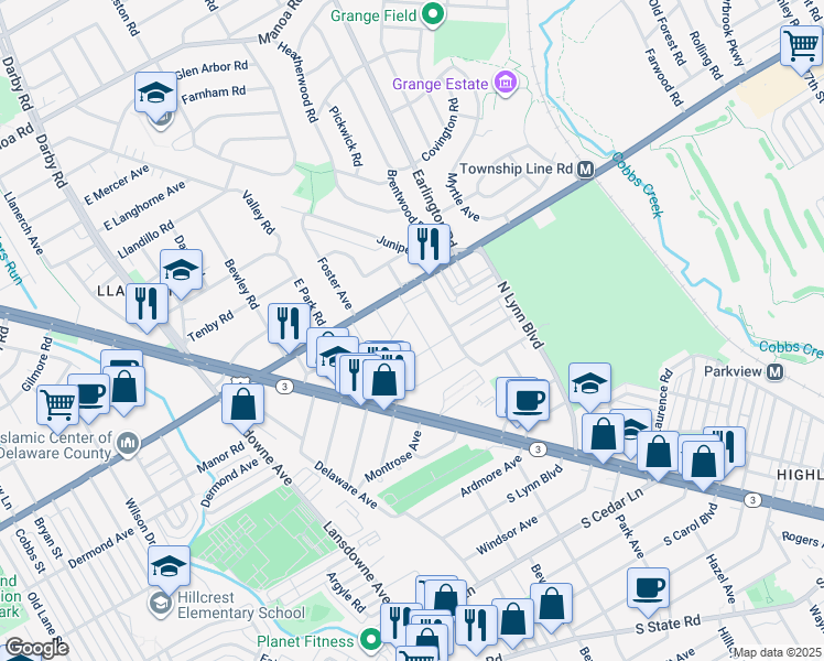 map of restaurants, bars, coffee shops, grocery stores, and more near 220 Magnolia Terrace in Upper Darby