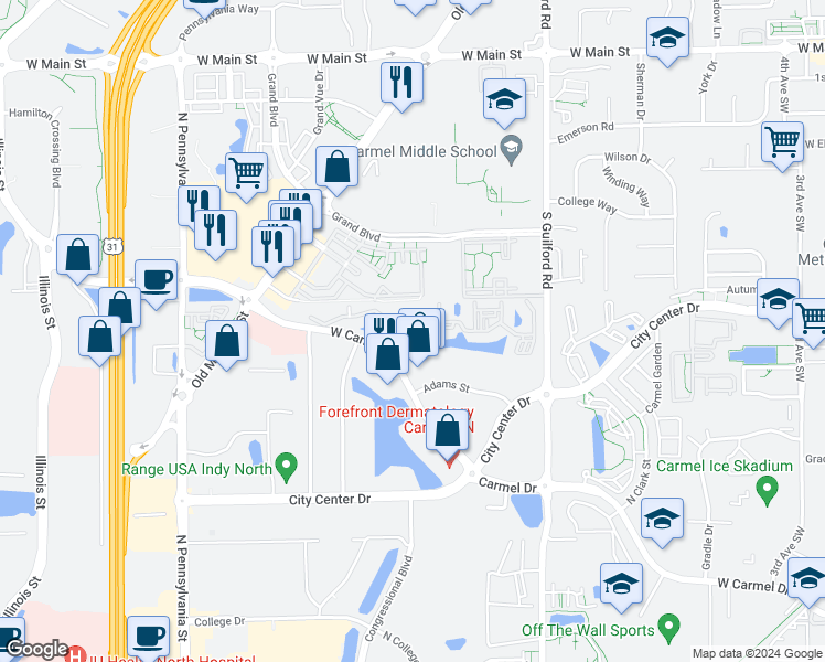 map of restaurants, bars, coffee shops, grocery stores, and more near Arbor Drive in Carmel