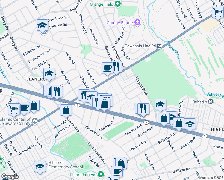 map of restaurants, bars, coffee shops, grocery stores, and more near 220 Magnolia Terrace in Upper Darby