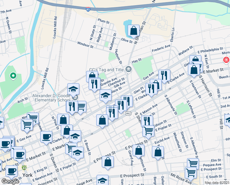 map of restaurants, bars, coffee shops, grocery stores, and more near 694 Wallace Street in York