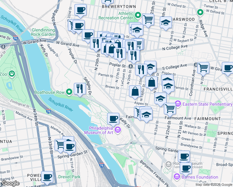 map of restaurants, bars, coffee shops, grocery stores, and more near 2704 Brown Street in Philadelphia