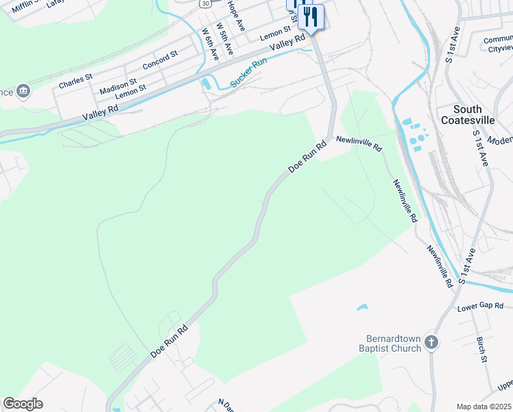 map of restaurants, bars, coffee shops, grocery stores, and more near 270 Doe Run Road in Coatesville