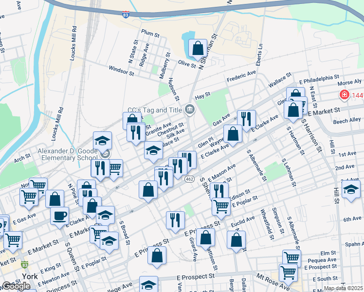 map of restaurants, bars, coffee shops, grocery stores, and more near 725 East Philadelphia Street in York