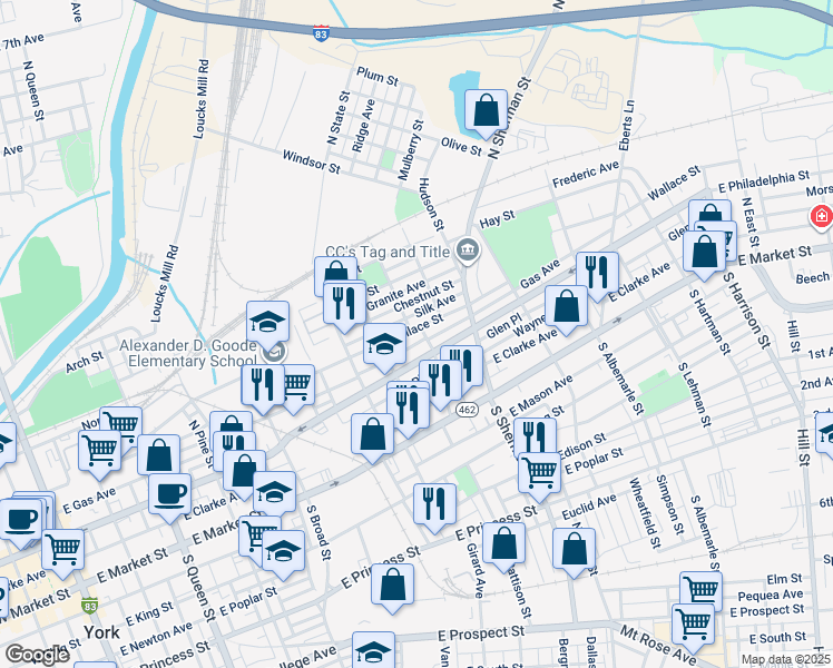 map of restaurants, bars, coffee shops, grocery stores, and more near 688 Wallace Street in York