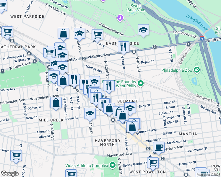 map of restaurants, bars, coffee shops, grocery stores, and more near 4160 Westminster Avenue in Philadelphia