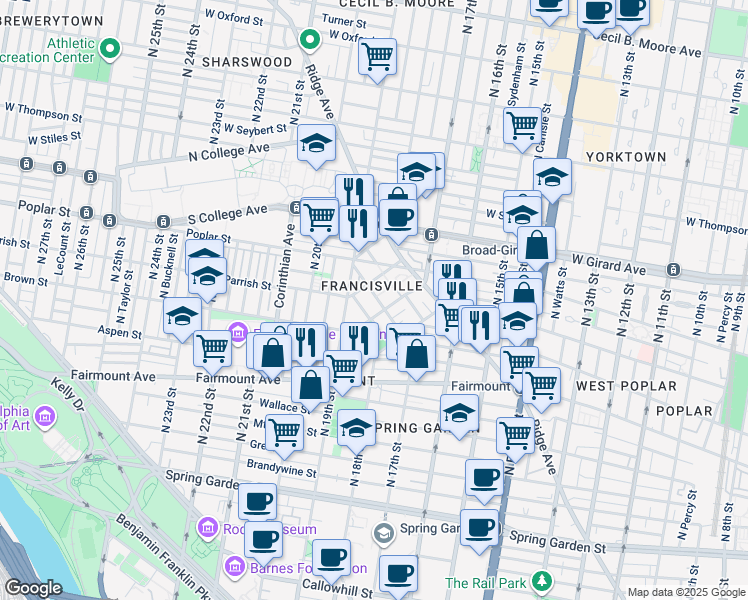 map of restaurants, bars, coffee shops, grocery stores, and more near 852 Perkiomen Street in Philadelphia