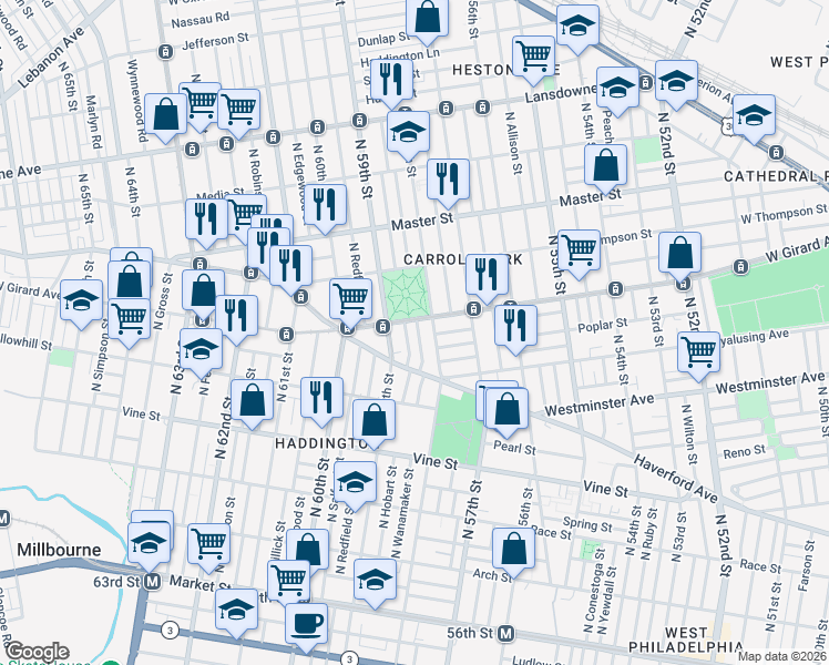 map of restaurants, bars, coffee shops, grocery stores, and more near 5826 West Girard Avenue in Philadelphia