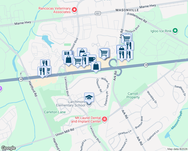 map of restaurants, bars, coffee shops, grocery stores, and more near 170 Willow Turn in Mount Laurel