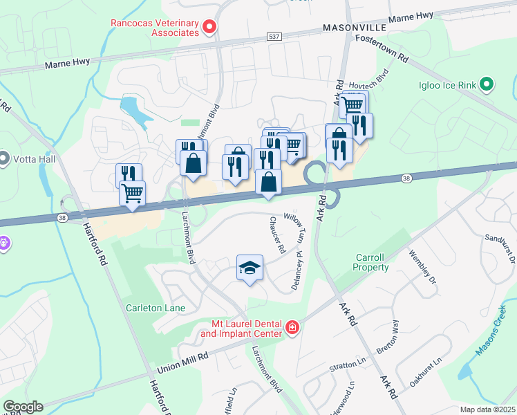 map of restaurants, bars, coffee shops, grocery stores, and more near 3047 New Jersey 38 in Mount Laurel Township