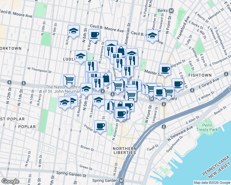 map of restaurants, bars, coffee shops, grocery stores, and more near 1224 Germantown Avenue in Philadelphia