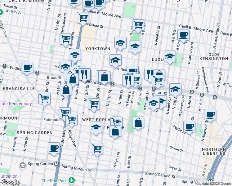 map of restaurants, bars, coffee shops, grocery stores, and more near 963 North 11th Street in Philadelphia
