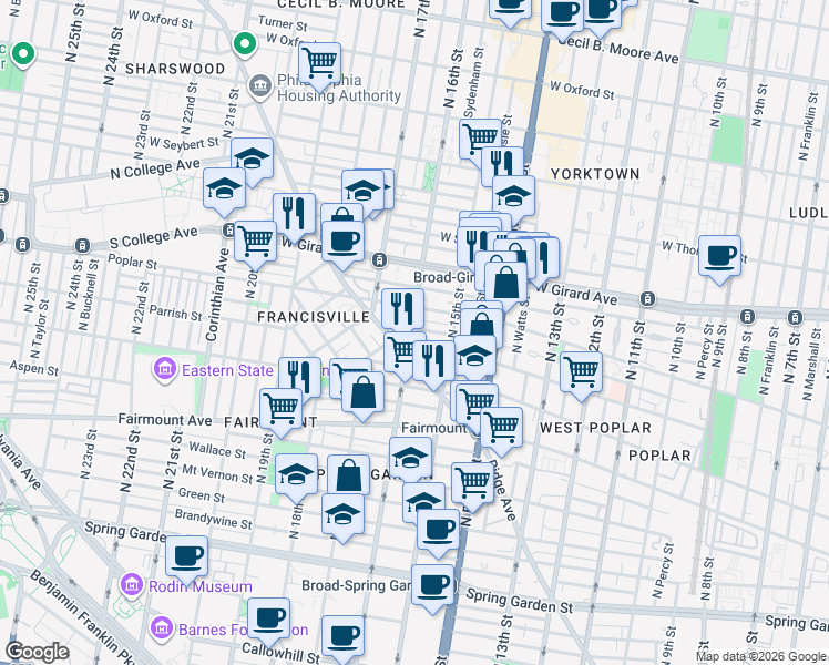 map of restaurants, bars, coffee shops, grocery stores, and more near 1606 Poplar Street in Philadelphia