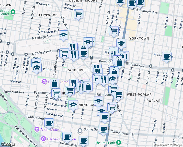 map of restaurants, bars, coffee shops, grocery stores, and more near 1700 Ridge Avenue in Philadelphia