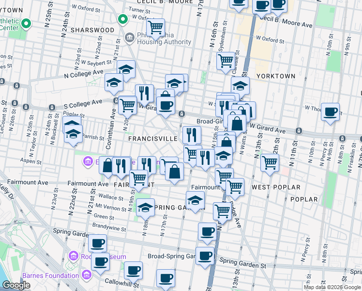 map of restaurants, bars, coffee shops, grocery stores, and more near 1700 Ridge Avenue in Philadelphia