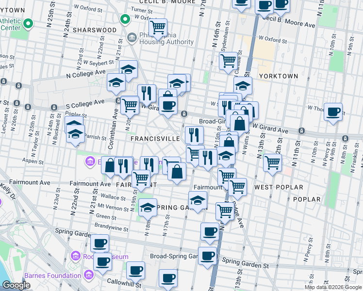 map of restaurants, bars, coffee shops, grocery stores, and more near 1700 Ridge Avenue in Philadelphia