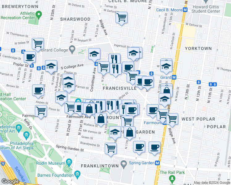map of restaurants, bars, coffee shops, grocery stores, and more near 860 North 19th Street in Philadelphia