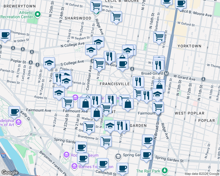 map of restaurants, bars, coffee shops, grocery stores, and more near 860 North 19th Street in Philadelphia