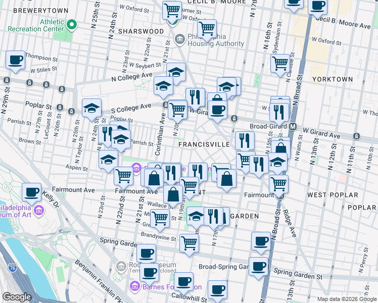 map of restaurants, bars, coffee shops, grocery stores, and more near 860 North 19th Street in Philadelphia