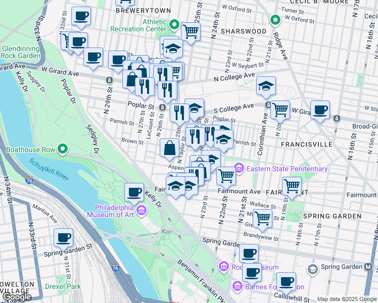 map of restaurants, bars, coffee shops, grocery stores, and more near 2437 Brown Street in Philadelphia