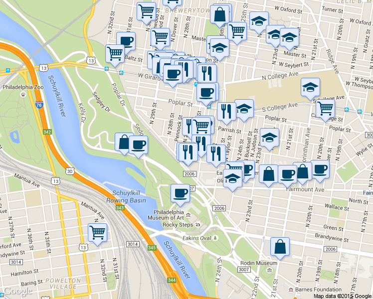 map of restaurants, bars, coffee shops, grocery stores, and more near 2704 Brown Street in Philadelphia