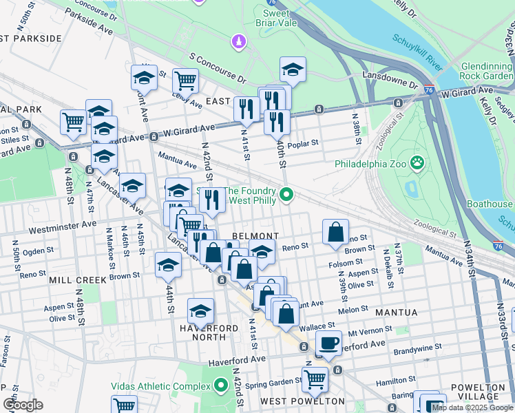 map of restaurants, bars, coffee shops, grocery stores, and more near 907 North 41st Street in Philadelphia