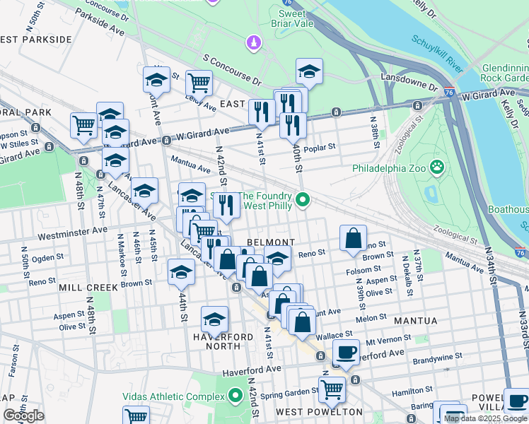 map of restaurants, bars, coffee shops, grocery stores, and more near 907 North 41st Street in Philadelphia