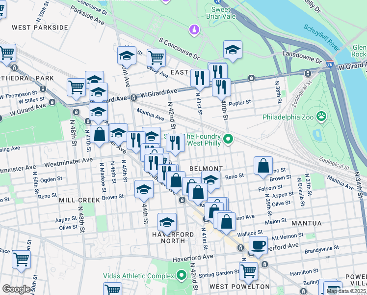 map of restaurants, bars, coffee shops, grocery stores, and more near 4137 Westminster Avenue in Philadelphia