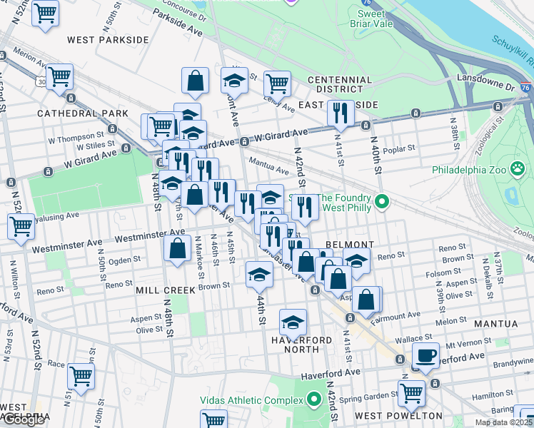 map of restaurants, bars, coffee shops, grocery stores, and more near 921 North 43rd Street in Philadelphia