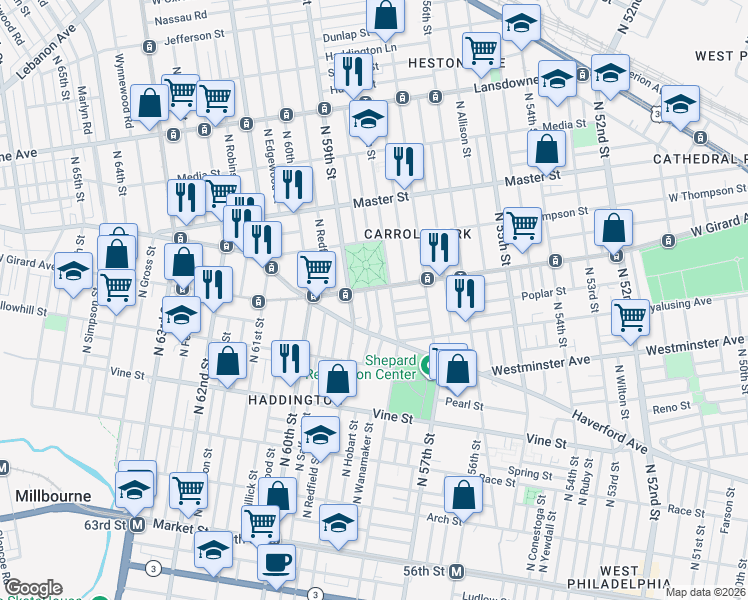 map of restaurants, bars, coffee shops, grocery stores, and more near 5826 West Girard Avenue in Philadelphia